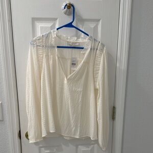 LOFT Cream Asymmetrical Long Sleeve Blouse